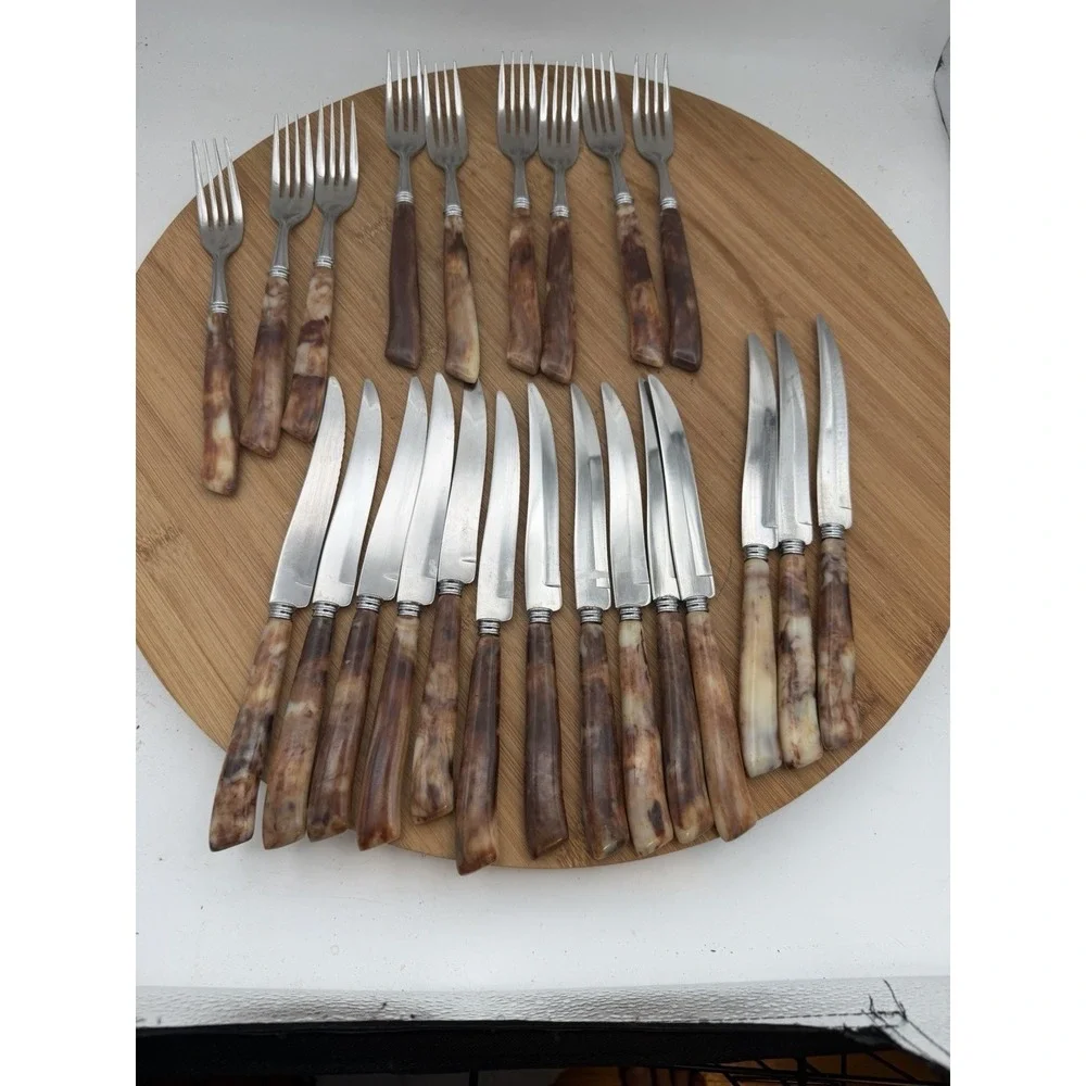 Vtg  Glo-Hill Bakelite Knives and Forks Marble Yellow And Carmel Catalin 21 Pcs